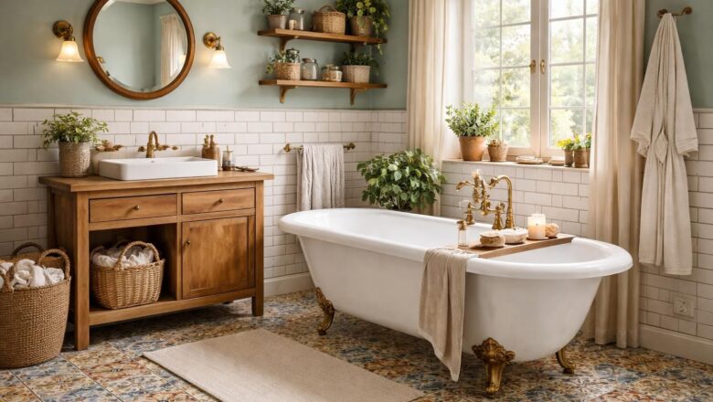 Salles de bain rétro : nos inspirations pour un style baignoire îlot et bois