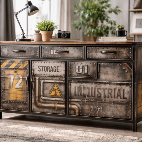 Stickers style industriel pour meuble : transformez votre buffet en meuble d&rsquo;usine