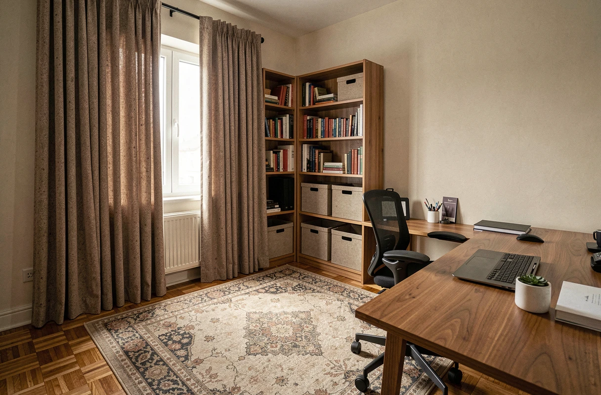 Aménagement d'un bureau à domicile avec rideaux épais, tapis et bibliothèque pour absorber les nuisances sonores