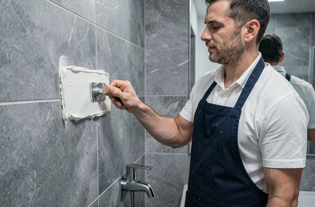Homme appliquant du joint carrelage sur un mur de salle de bain avec une spatule en caoutchouc