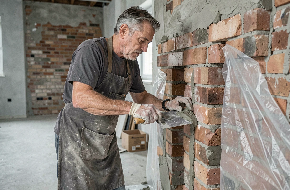 Artisan appliquant du mortier de chaux sur les joints d'une cheminée en brique lors d'une rénovation