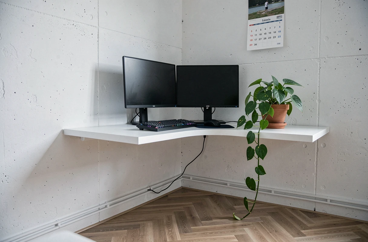 Bureau d'angle mural minimaliste avec double moniteur et plante verte dans un studio de style scandinave