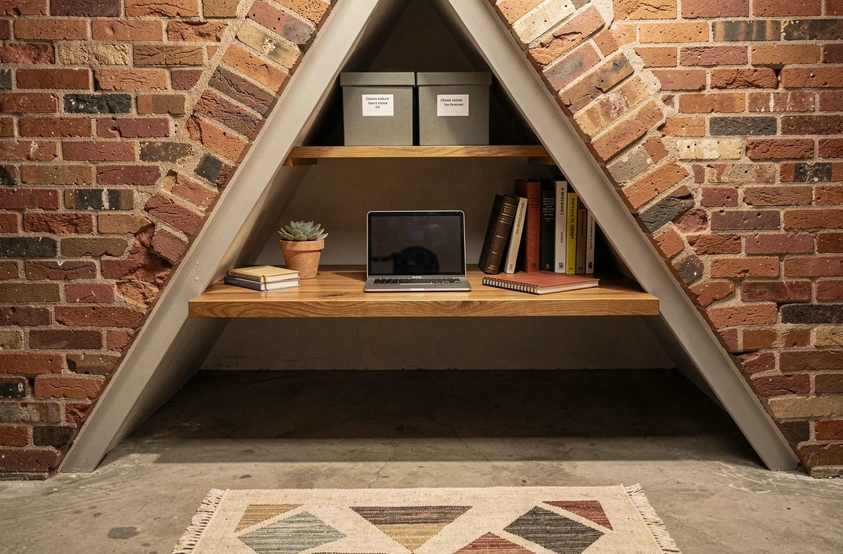 Bureau compact aménagé sous un escalier avec étagères et rangements intégrés