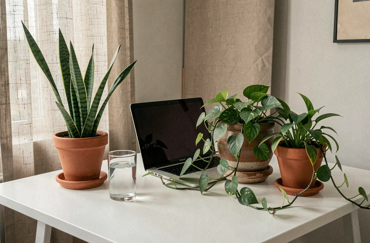 Bureau à domicile organisé avec plusieurs plantes dépolluantes comme le Sansevieria et le Pothos posées sur et autour du bureau