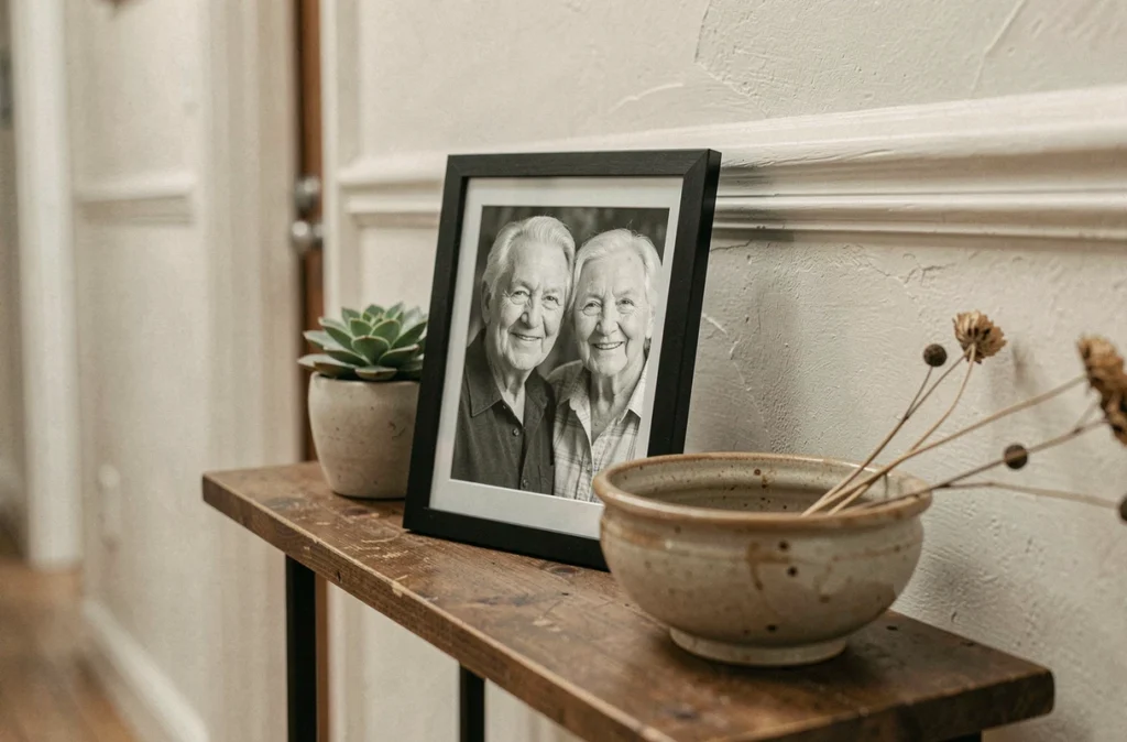 Cadre photo connectée affichant un portrait en noir et blanc dans une entrée décorée avec objets vintage
