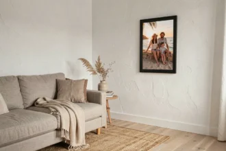 Cadre photo connectée affichant une photo de vacances dans un salon moderne au style scandinave