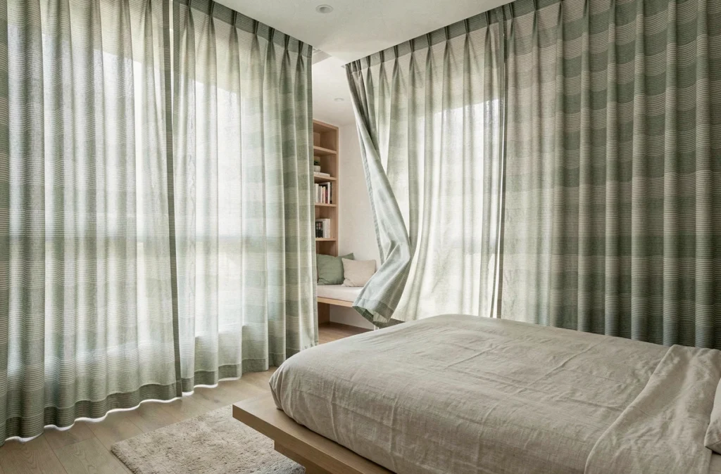 Chambre zen avec rideaux japonisants noren en voile de coton motif vague vert sauge