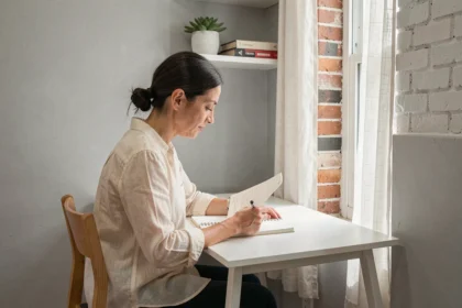 Femme travaillant à un bureau compact installé dans un coin d'appartement urbain avec des étagères flottantes et une décoration minimaliste