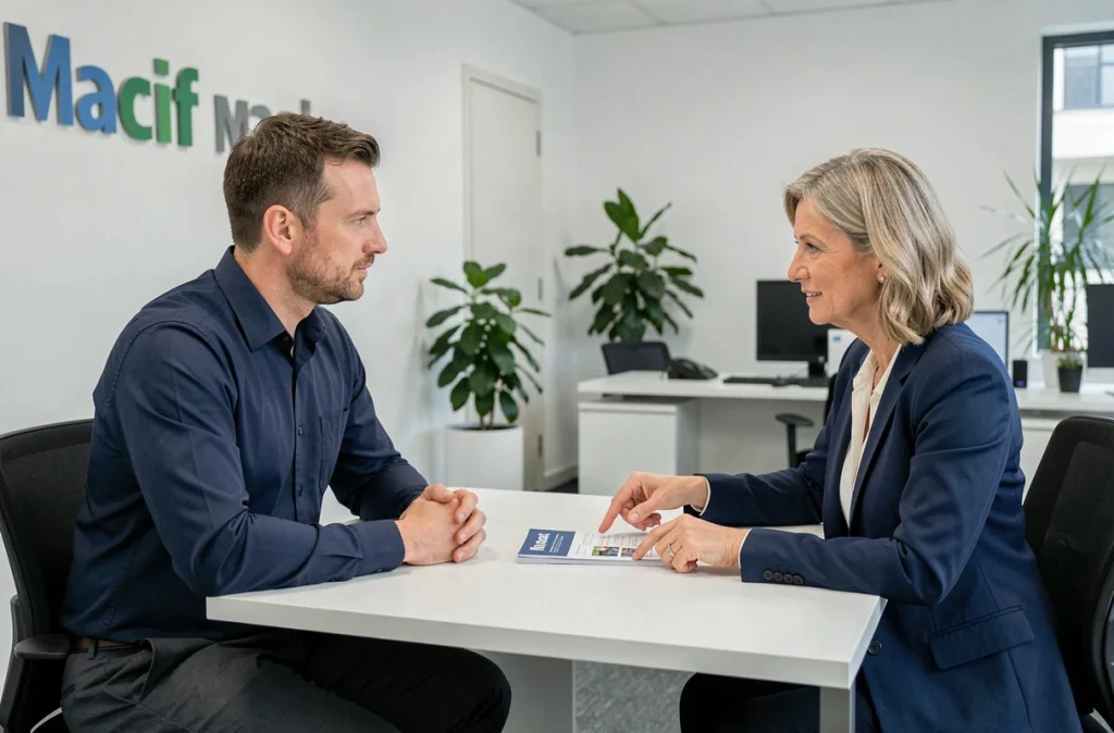 Conseiller Macif expliquant la Formule Protectrice à un client en agence