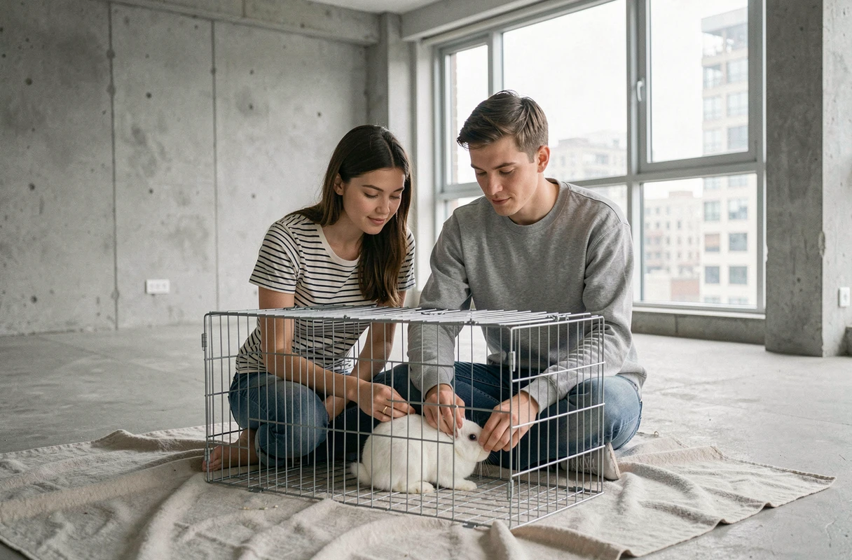 Couple rassurant leur lapin dans un appartement vide lors d'un emménagement