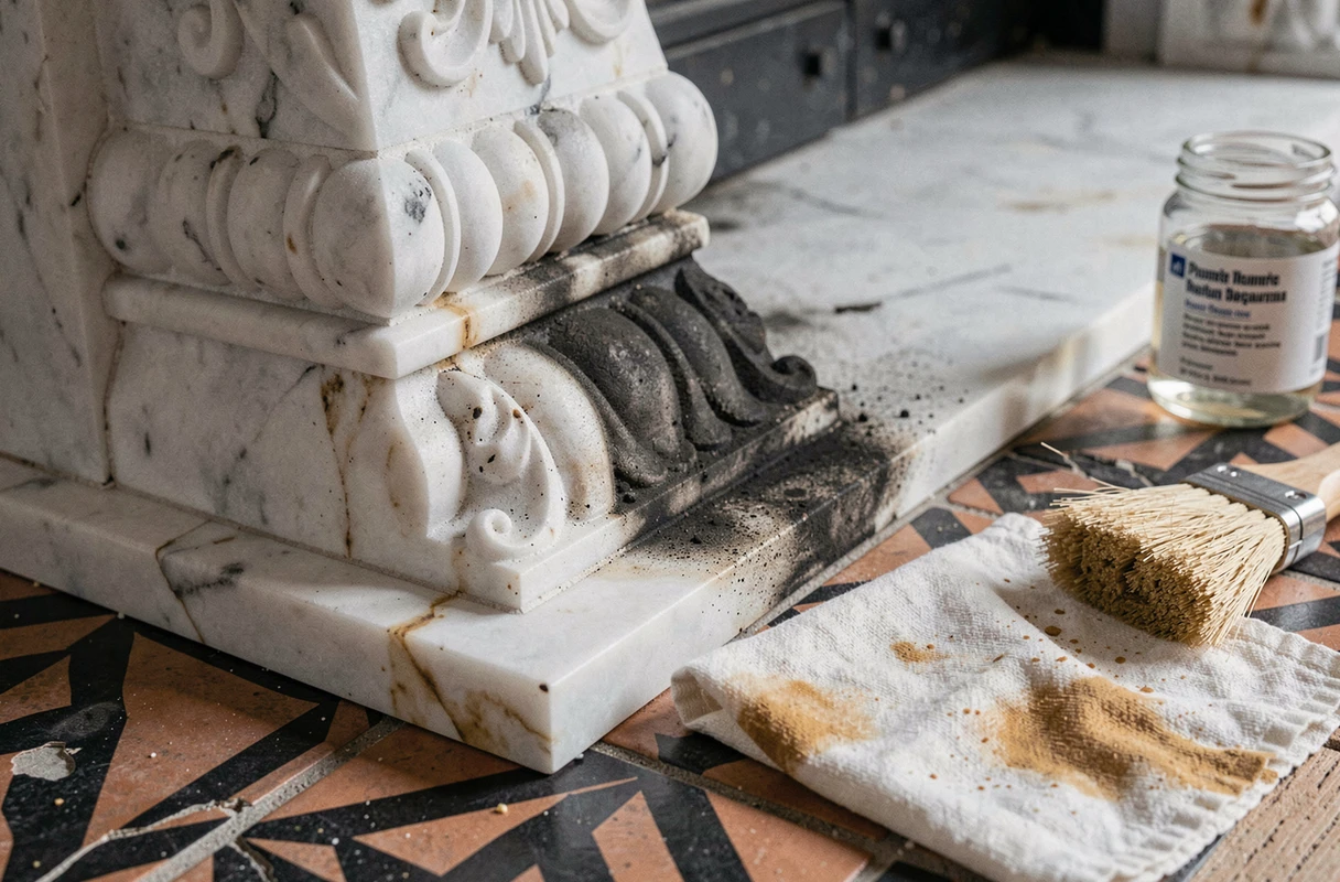 Détail de restauration d'un manteau de cheminée victorien en marbre avec moulures sculptées et carreaux encaustiques d'origine