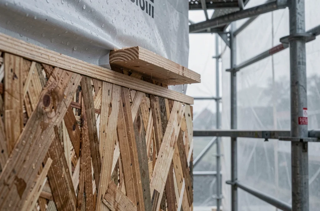 Détail de lame de ventilation et membrane sous panneau OSB extérieur avec gouttes de pluie sur la surface