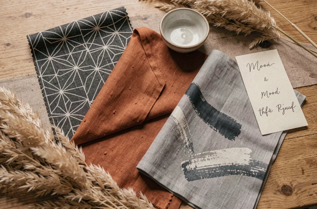 Échantillons de tissus pour rideaux japonisants disposés en flat-lay sur une table en chêne naturel