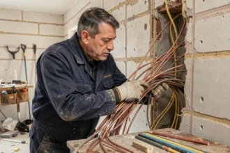 Électricien examinant des fils électriques anciens dans une cloison ouverte lors d'une rénovation appartement