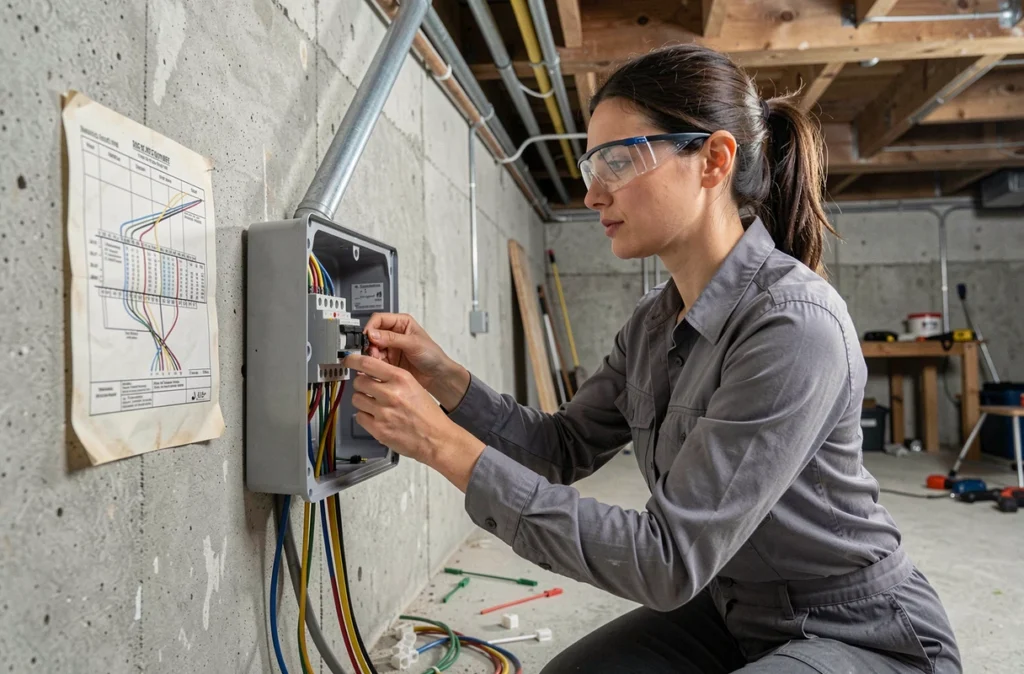 Électricienne connectant des fils modernes dans un tableau de jonction lors d'une rénovation réseau électrique ancien
