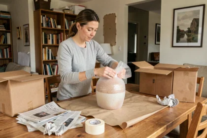 Femme enveloppant soigneusement un vase en céramique avec du papier bulle avant un déménagement, entourée de cartons et de matériaux d'emballage sur une table en bois