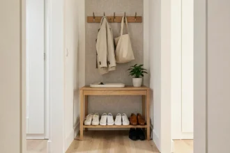 Entrée de maison moderne organisée avec un meuble console en bois, des crochets muraux et un rangement à chaussures compact