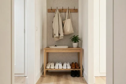 Entrée de maison moderne organisée avec un meuble console en bois, des crochets muraux et un rangement à chaussures compact