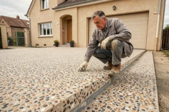 Entrepreneur inspectant une cour carrossable en béton désactivé avec granulats apparents devant une maison individuelle