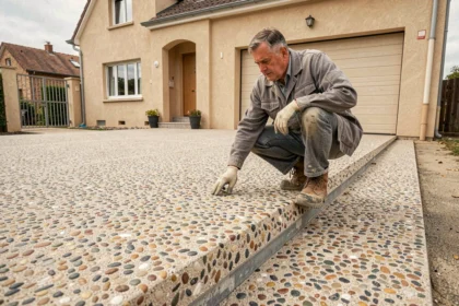 Entrepreneur inspectant une cour carrossable en béton désactivé avec granulats apparents devant une maison individuelle