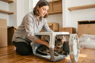 Femme préparant son chat dans une caisse de transport entourée de cartons de déménagement