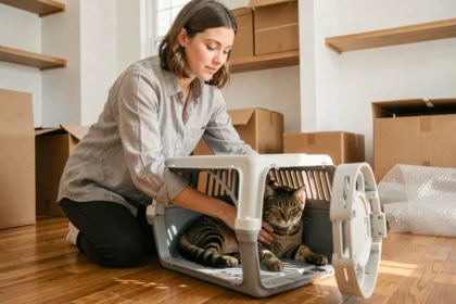 Femme préparant son chat dans une caisse de transport entourée de cartons de déménagement
