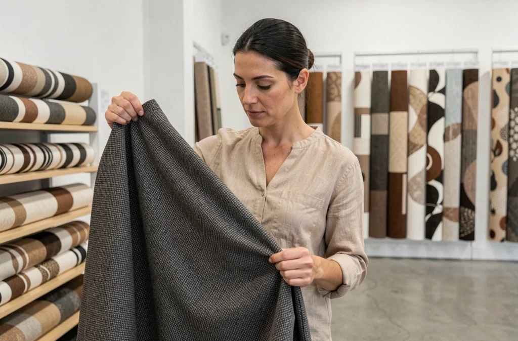 Une femme examinant attentivement la texture et le poids d'un rideau occultant à motif dans un showroom de tissus d'ameublement, entourée d'échantillons de tissus variés.