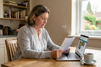 Femme de 40 ans consultant les documents de la Formule Protectrice Macif à domicile