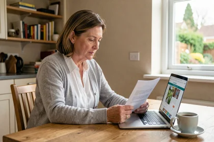 Femme de 40 ans consultant les documents de la Formule Protectrice Macif à domicile