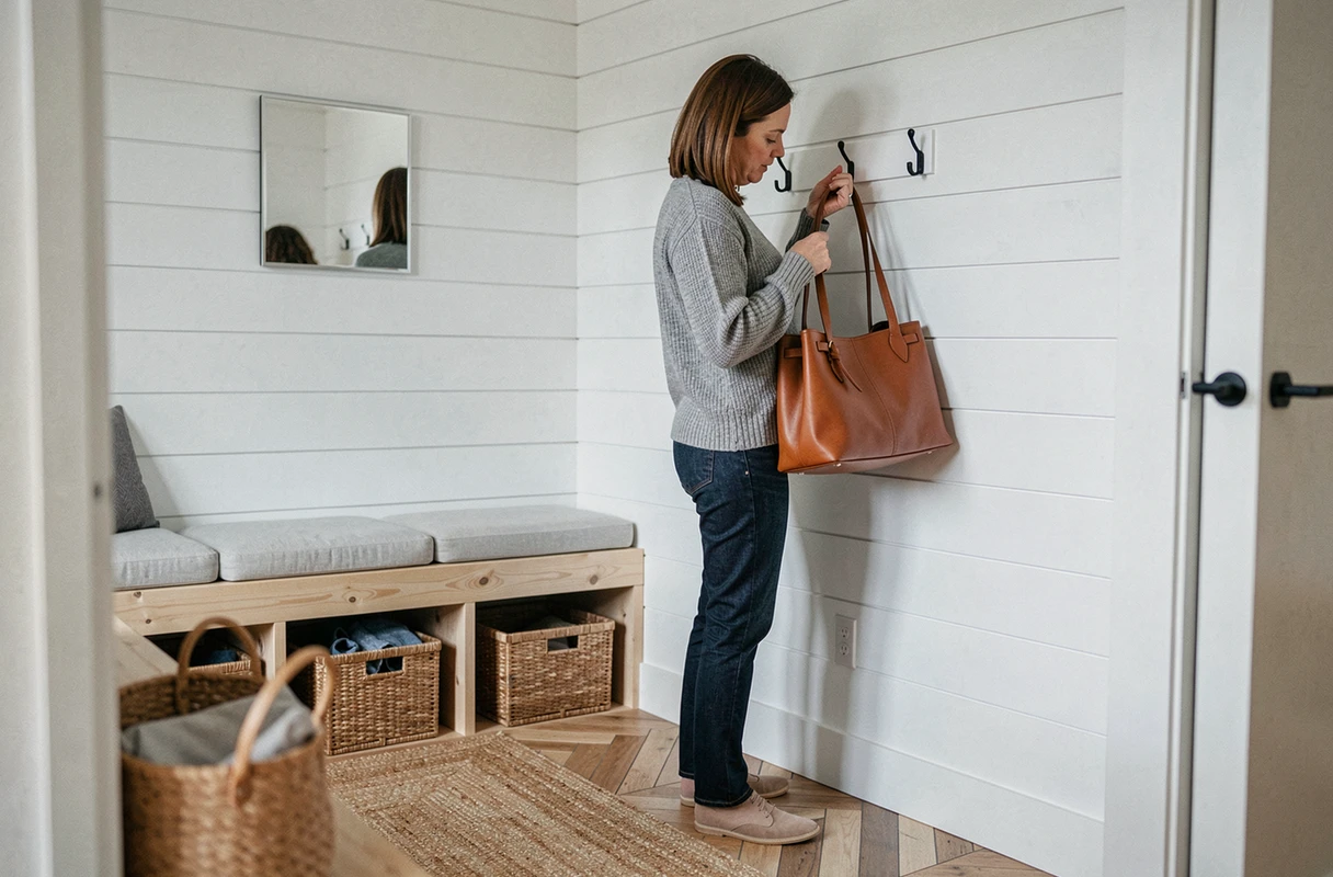 Femme accrochant un sac en cuir dans une entrée de style scandinave avec banc et rangements intégrés
