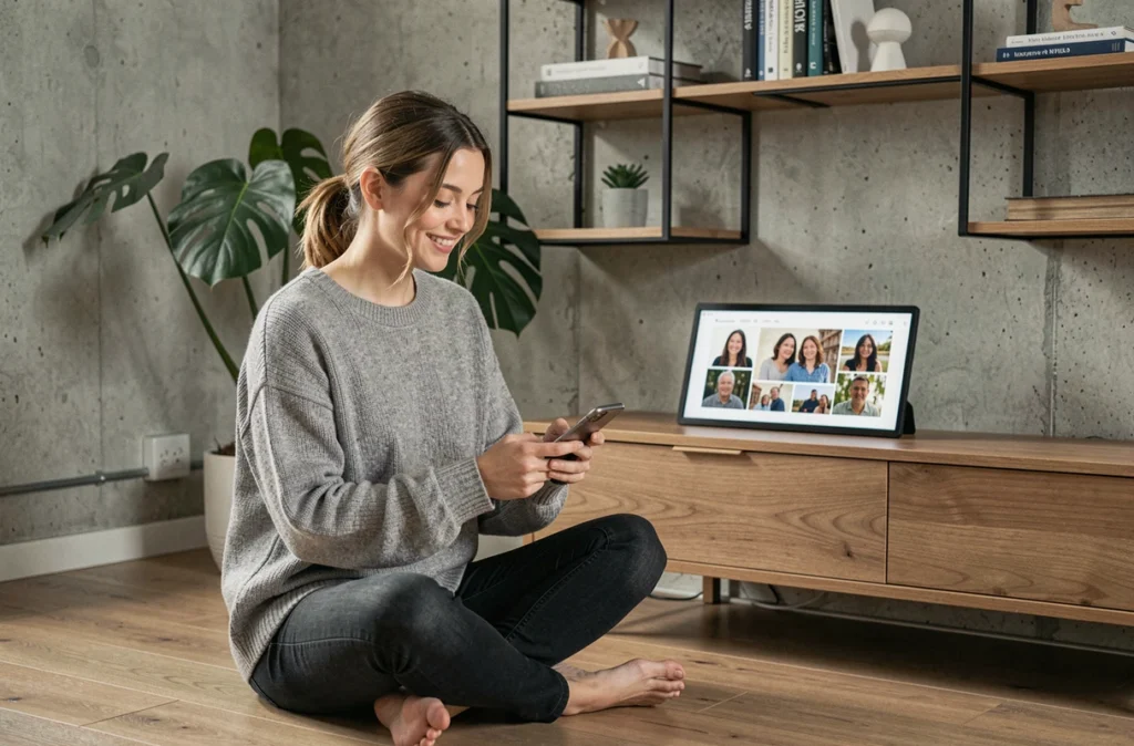 Femme mettant à jour sa cadre photo connectée depuis son smartphone dans un appartement minimaliste