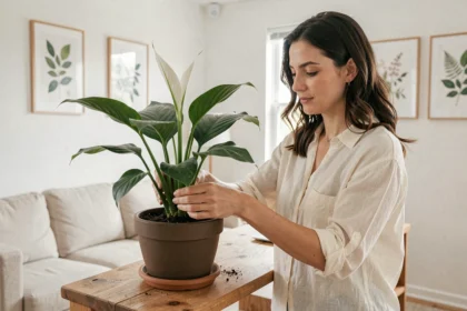 Femme disposant une plante dépolluante Spathiphyllum sur une étagère en bois dans un salon moderne aux tons neutres
