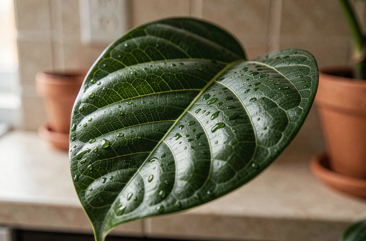 Gros plan sur une feuille de Ficus lyrata avec gouttes d'eau mettant en valeur la texture naturelle d'une plante dépolluante en appartement