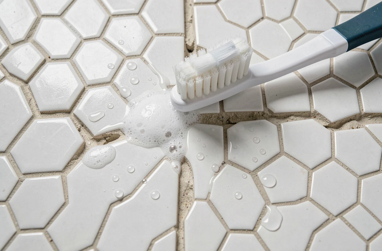 Gros plan sur des joints de carrelage hexagonal de salle de bain nettoyés avec une brosse à dents