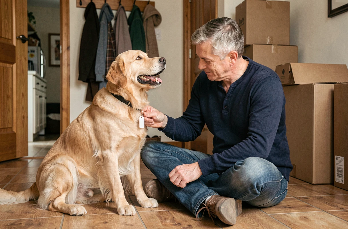 Homme fixant une médaille d'identification sur le collier de son chien avant un déménagement