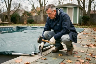 Homme qui installe la bâche hivernale d'une piscine extérieure en automne dans un jardin avec des feuilles mortes