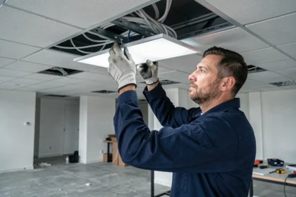 Électricien professionnel installant un panneau LED dans un plafond de bureau lors d'une rénovation vers un éclairage basse consommation