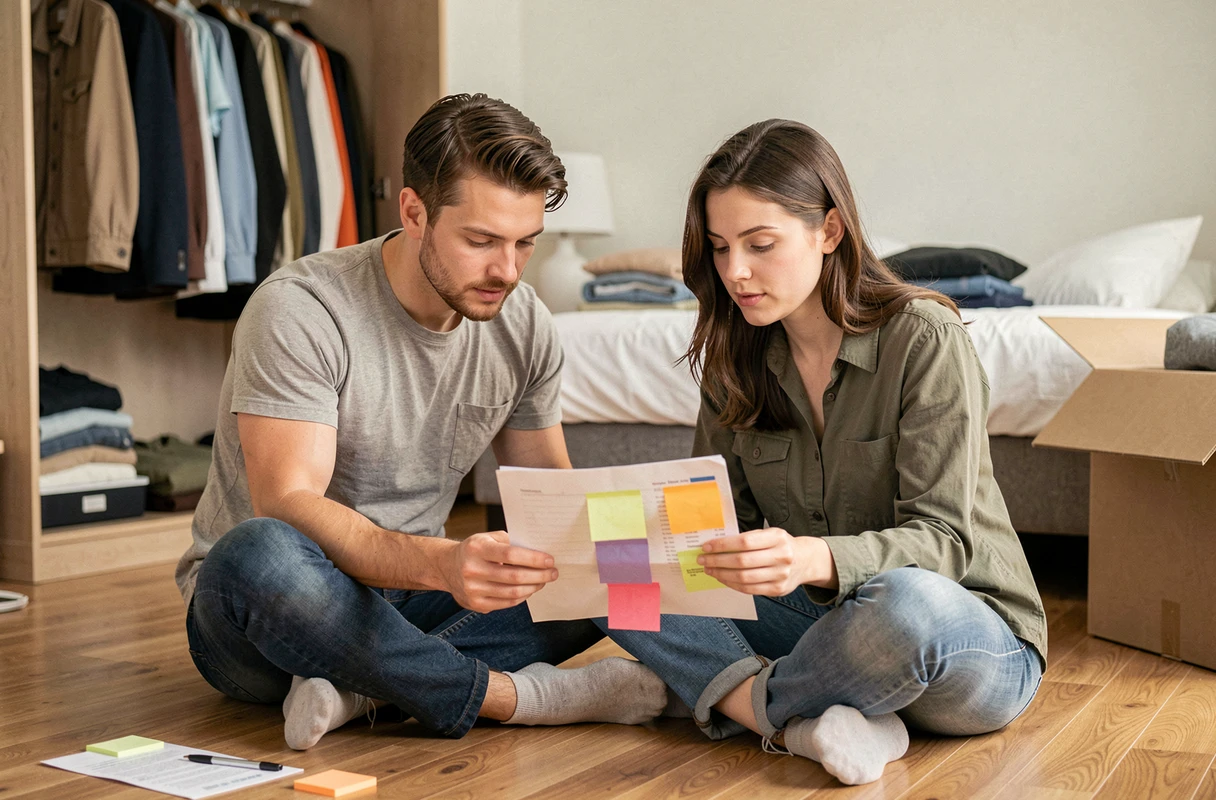 Couple révisant ensemble une liste d'inventaire imprimée dans une chambre à moitié emballée avec des cartons et des vêtements
