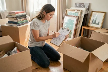 Femme réalisant un inventaire de déménagement avec une liste sur clipboard entourée de cartons ouverts dans un salon