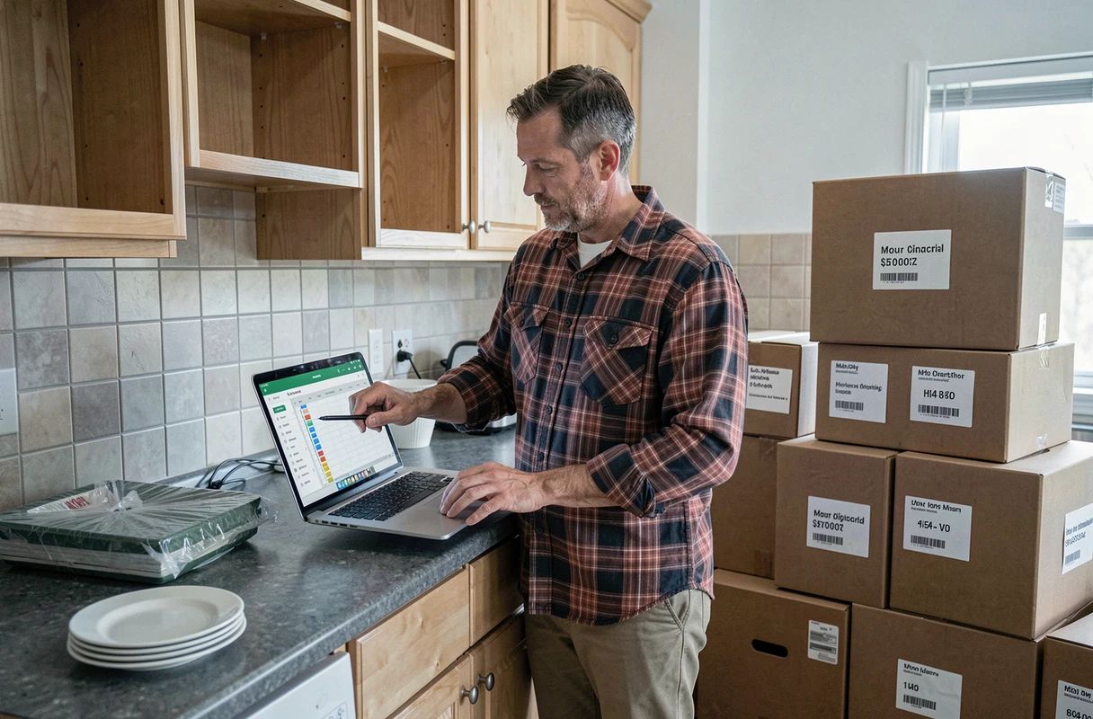Homme consultant un tableur d'inventaire sur ordinateur portable dans une cuisine en cours de déménagement avec des cartons étiquetés