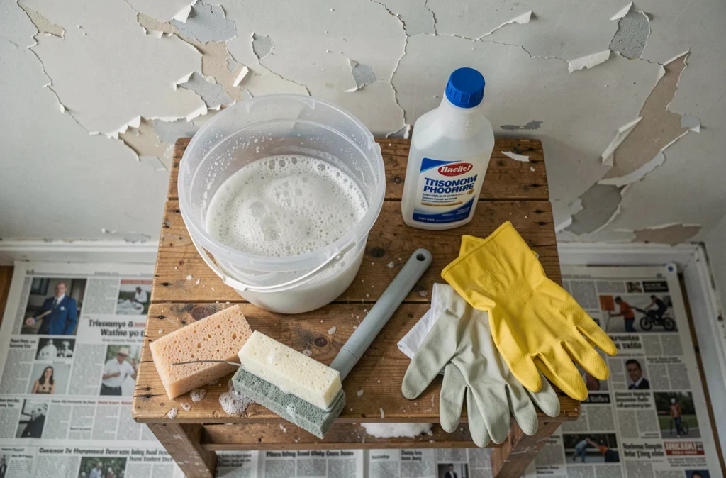 Kit de lessivage mur posé au sol avec éponge, seau d'eau savonneuse, gants et produit nettoyant TSP avant peinture