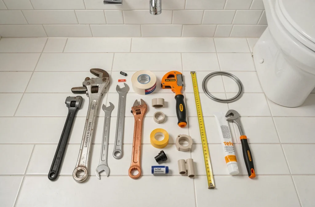 Kit complet d'outils de plombier disposé sur le carrelage d'une salle de bain pour une installation professionnelle