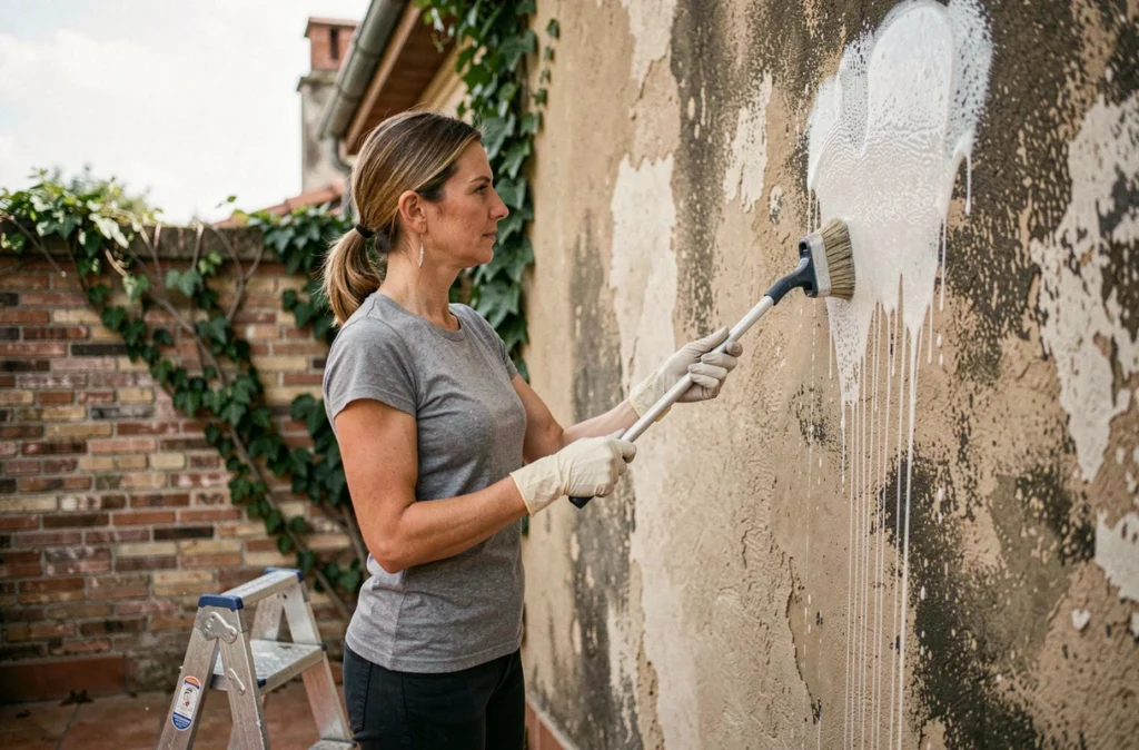Femme lessivant un mur extérieur en crépi avec une brosse à long manche avant application de peinture