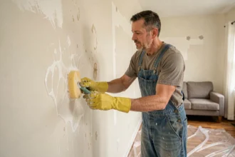 Homme lessivant un mur intérieur avant peinture avec une éponge et de l'eau savonneuse, en combinaison de travail