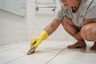 Femme nettoyant les joints de carrelage de salle de bain avec une brosse et un produit nettoyant
