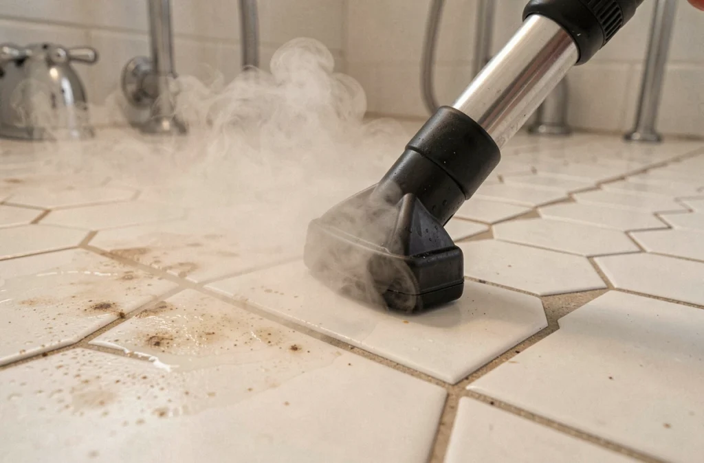 Nettoyeur vapeur SilverCrest en action sur le carrelage et les joints d'une salle de bain