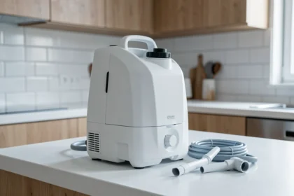 Nettoyeur vapeur SilverCrest Lidl posé sur un plan de travail de cuisine moderne avec ses accessoires