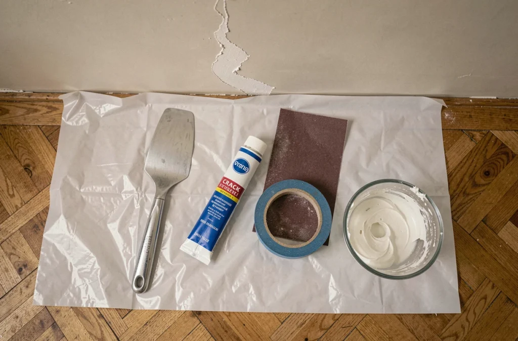 Outils de réparation de fissure au plafond posés sur une bâche de protection après dégât des eaux