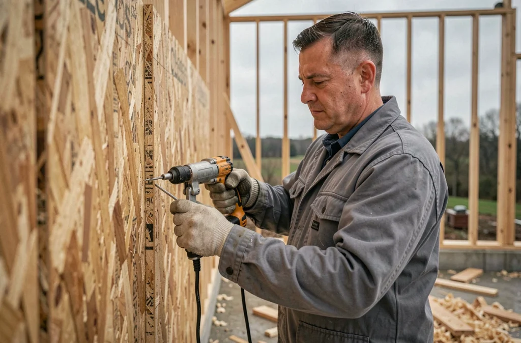 Ouvrier installant un panneau OSB sur ossature bois en extérieur lors d'un chantier de construction sous ciel nuageux
