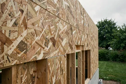 Panneau OSB extérieur sur ossature bois avec lame d'air de ventilation visible sur façade de maison en construction